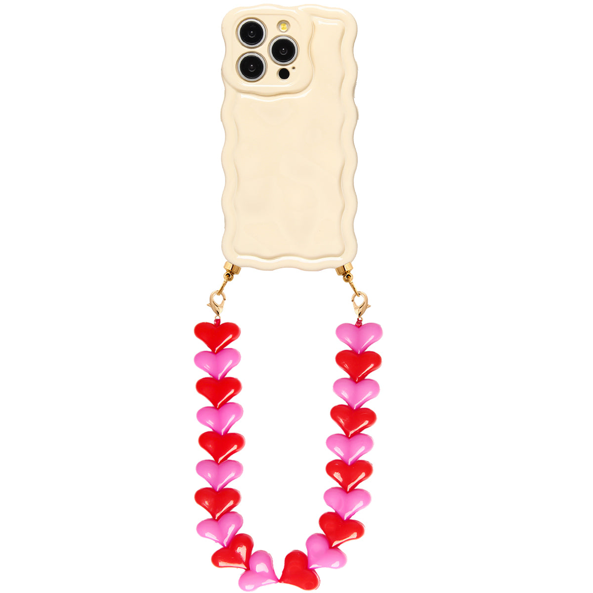 Wavy creme phone case with red & pink hearts cord