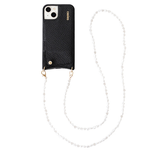 Leather phone case with long pearl cord - Black
