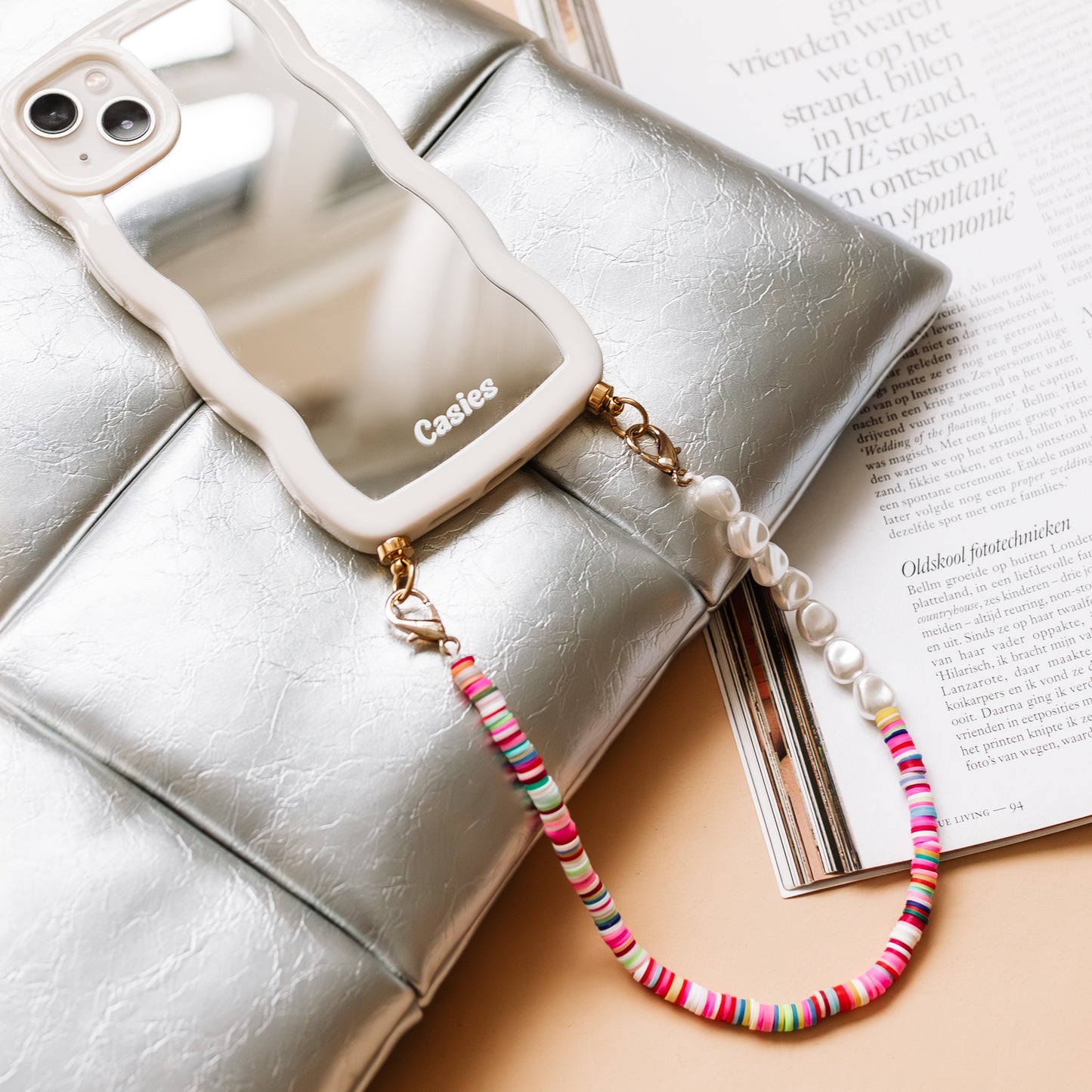 Wavy mirror phone case with candy & pearl cord