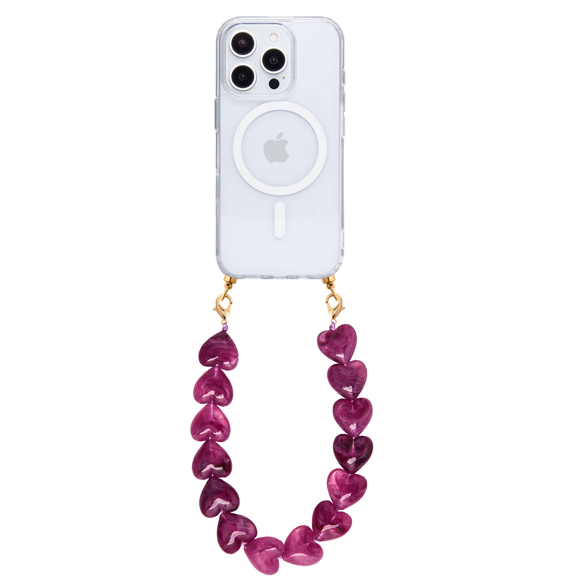 Transparent MagSafe phone case with Berry Crush hearts cord