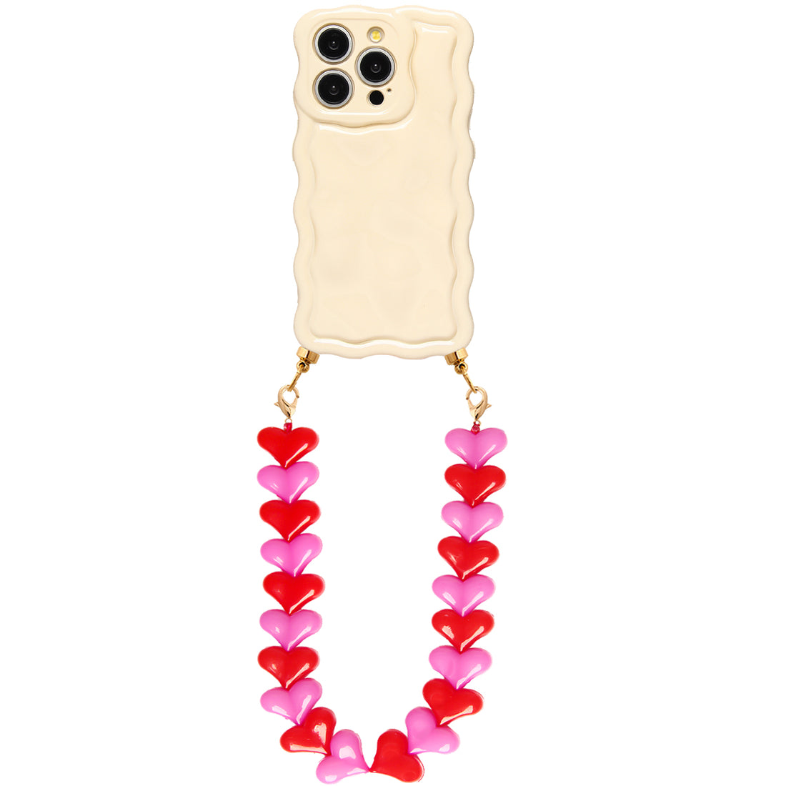 Wavy creme phone case with red &amp; pink hearts cord