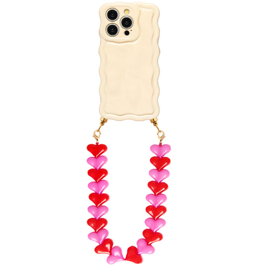 Wavy cream phone case with red &amp; pink hearts cord