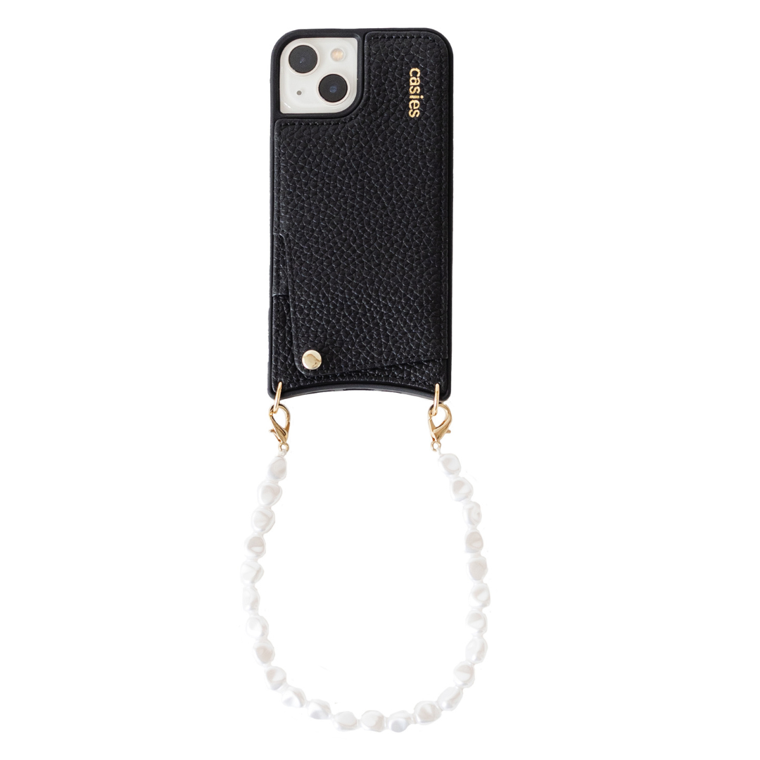 Leather phone case with pearl cord - Black