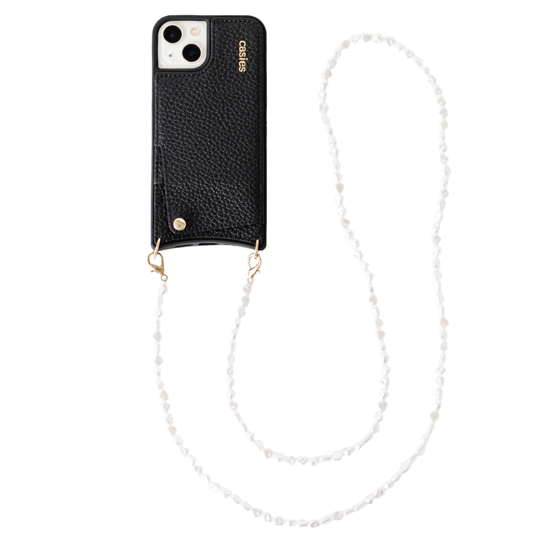 Leather phone case with long pearl cord - Black
