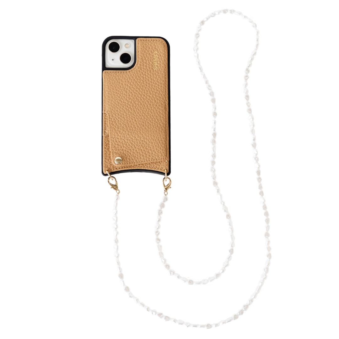 Leather phone case with long pearl cord - Brown