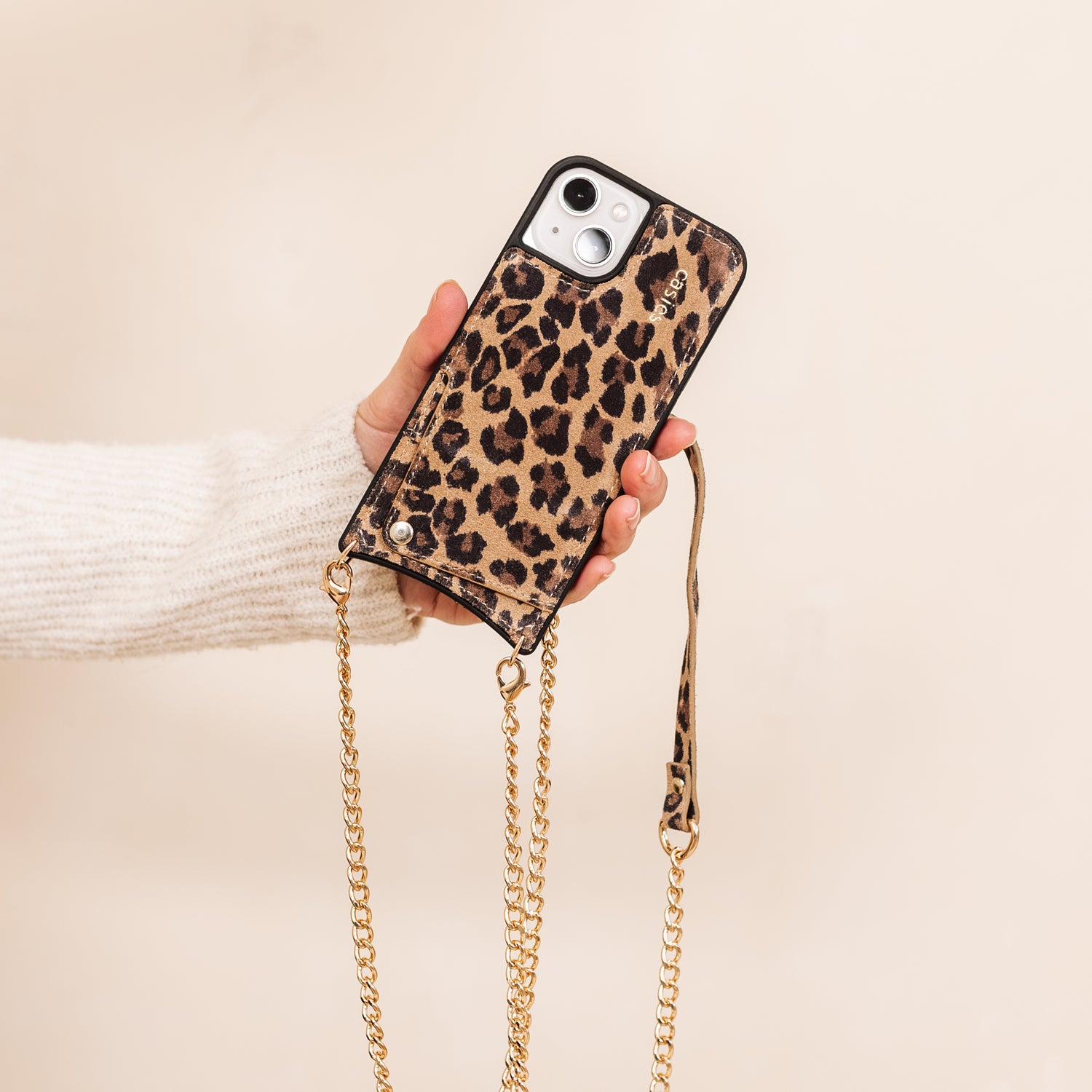 Leopard leather phone case with bandolier cord