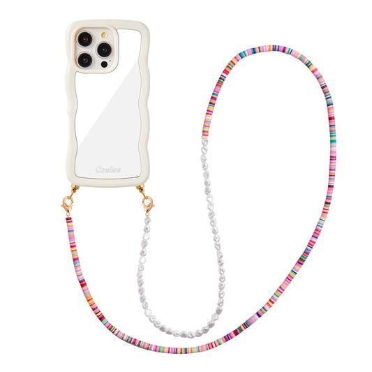 Wavy mirror phone case with long candy & pearl cord