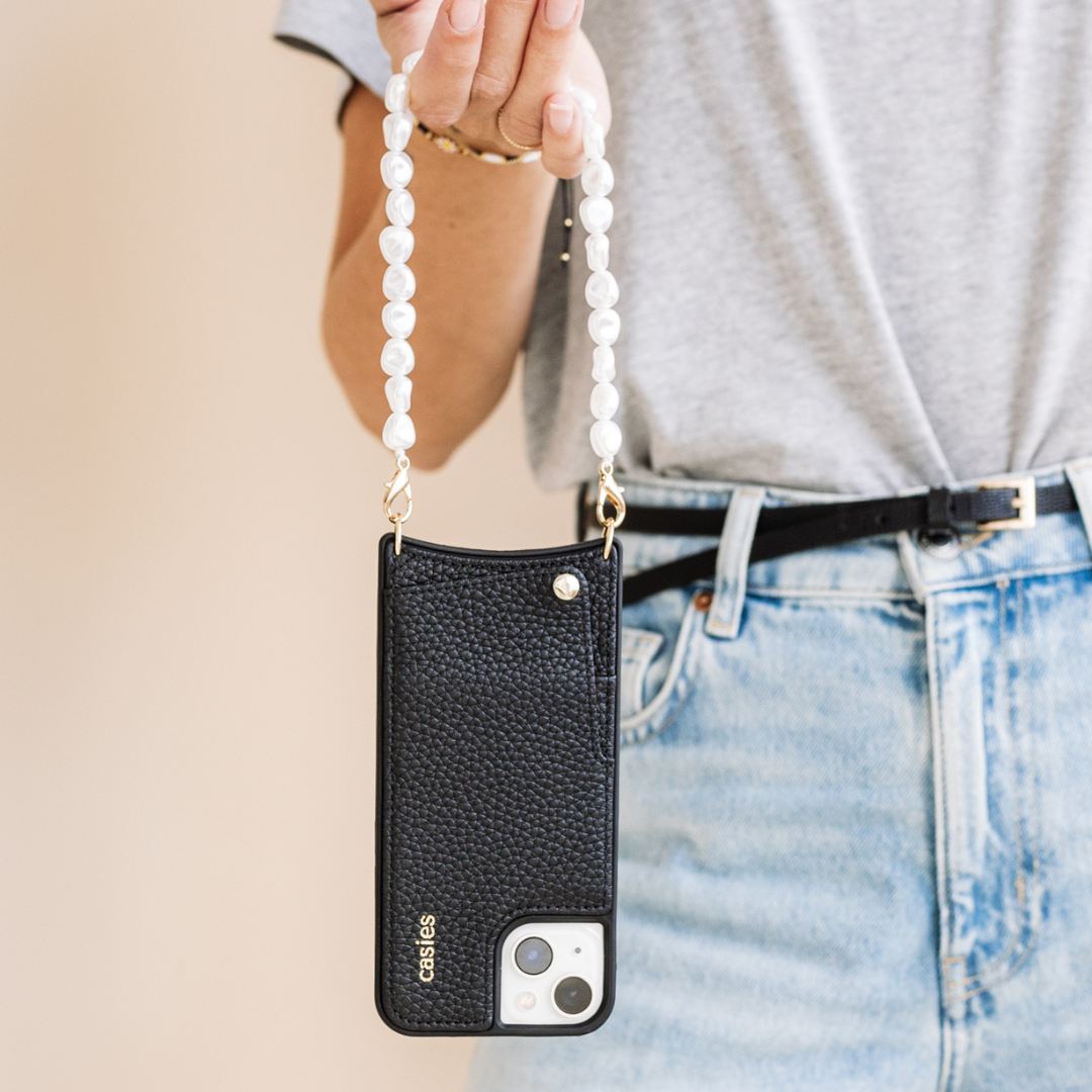 Leather case with pearl cord - Black